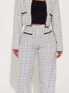 Fashion Nova White & Black Checked Wide Leg Pants